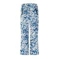 Detail of high-waisted snow pants with blue abstract watercolor print and black zippers - Pants 1