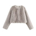 Veste courte en fausse fourrure gris clair pour femme avec manches longues et col rond chic - Gris clair