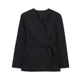 Elegante blazer nero incrociato da donna con scollo a V e cintura in vita abbinata - XS / Nero