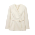 Elegante blazer a portafoglio bianco crema minimalista con cintura e fibbia in metallo - XS / Bianco