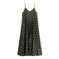 Summer polka dot pleated midi dress with spaghetti straps in dark green and white - S / Black