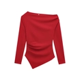 Top a maniche lunghe rosso scuro aderente con scollo asimmetrico e dettagli arricciati - S / Rosso