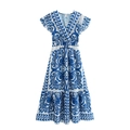 Abito lungo estivo da donna con scollo a V, stampa floreale blu e gonna a balze - S / Blu