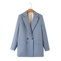 Women's chic grey-blue double-breasted blazer with classic notched lapels and flap pockets - Grey Blue