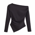 Top nero da donna a maniche lunghe con spalla scoperta e dettagli di ruches laterali - S / Nero