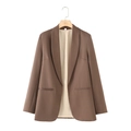 Brown shawl collar women's open-front blazer with elegant flap pockets and beige lining - Coffee
