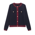 Women knit cardigan in navy and burgundy with gold buttons and contrast trim - S / Navy Blue