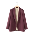 Women's burgundy shawl collar longline blazer with polished finish and dual pockets - Fuschia