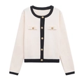 Cardigan en tricot crème pour femmes avec bordures noires et boutons dorés style chic - Milky blanc