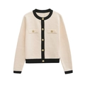 Elegant cream knit cardigan with black contrast trim and decorative gold buttons - S / Off White