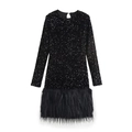 Elegante abito corto nero a maniche lunghe con paillettes scintillanti e bordo in piume - S / Nero