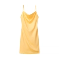Elegant yellow satin slip dress with cowl neck and silky texture on white background - S / Yellow