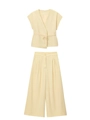 Elegant pale yellow two-piece set featuring a belted sleeveless top and wide-leg trousers - Yellow Set