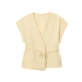 Sleeveless wrap top in light beige with V-neckline and waist tie design, Size S - Yellow Top