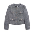 Damenjacke aus schwarz-weißem Fischgräten-Tweed mit goldenen Logo-Knöpfen - XS / Grau