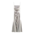 Elegantes silbernes Maxikleid mit Metallic-Folie und Faltenwurf für die Party - XS / Silber