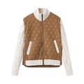Women's brown quilted jacket with white cable knit sleeves and a stand collar design - XS / Khaki
