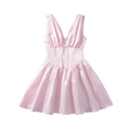 Detail of light pink satin dress with deep V-neckline, corset waist, and bow tie - S / Pink