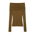 Haut en tricot vert olive à épaules dénudées avec col plié élégant pour femmes - S / Jaune Moutarde