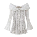 Detail van witte kanten off-shoulder top met bloemenpatroon en uitlopende mouwen - S / Wit