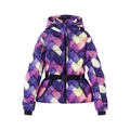 Women's hooded ski jacket featuring multi-color digital print and adjustable waist belt - As Shown