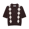 Polo de punto con rombos para mujer, color marrón, manga corta y cuello clásico - S / Marrón Oscuro