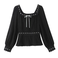 Vintage-Bluse in Schwarz mit eckigem Ausschnitt, weißem Spitzenbesatz und Stickerei - S / Schwarz