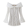 Elegant white lace off-shoulder long sleeve top with floral crochet and flared cuffs - S / White
