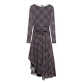 Grey plaid long-sleeve mesh dress with ruched waist and asymmetrical layered hem - S / As Shown