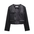 Detail shot of the cropped black leather jacket featuring silver buttons and flap pockets - XS / Black