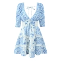 Vestido con estampado floral azul porcelana, escote en V, encaje y mangas abullonadas - S / Azul claro