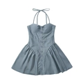 Gestreiftes Neckholder-Kleid in Graublau mit Knopfleiste und plissiertem Saum für Damen - S / Grau