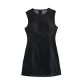 Mini robe en jean noir sans manches pour femme avec col rond et coupe ajustée - XS / Imprimé
