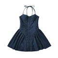 Abito blu navy a righe con allacciatura al collo, bottoni frontali e gonna a pieghe - Blu navy