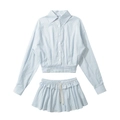 Damen Set aus gestreiftem Hemd und Rock mit Kordelzug in Blau und Weiß, zweiteilige Kombi - S / Blau Gestreift