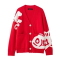 Cardigan rosso in maglia con scollo a V, motivi jacquard bianchi e bottoni - S / Rosso