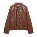 Classic brown faux leather jacket with zipper closure and elastic cuffs on white background - XS / Dark Brown