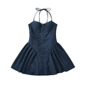 Halter-Kleid in Dunkelblau mit weißen Nadelstreifen und Knopfleiste vorne - S / Marineblau