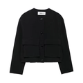 Chaqueta corta negra para mujer con cuello redondo, bolsillos cargo y bajo acanalado 2025 - XS / Negro