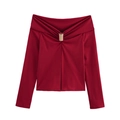 Damen Schulterfreies Langarmshirt in Weinrot mit modischer goldener Metallschnalle Dekor - S / Burgunderrot