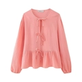 Top plisado rosa pálido de manga larga con lazos frontales y dobladillo peplum - XS / Rosa Coral (Solo Top)