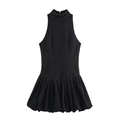 Vestido corto negro sin mangas con cuello alto en tejido brillante y bajo plisado - XS / Negro