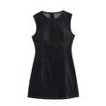 Slim fit sleeveless black denim mini dress with crew neck and structured seams - XS / Printed