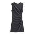 Dunkelgraues ärmelloses Damen-Minikleid mit asymmetrischer Raffung und Rundhals - Grau