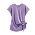 Camiseta de punto acanalado lila para mujer con detalle de nudo lateral y cuello redondo - S / Tops / Violeta Claro