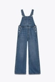 Details einer blauen Denim-Latzhose mit Fronttasche, Schnallen und Seitenknöpfen - XS / Blau