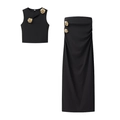 Women's black two-piece set with long skirt and gold rose hardware accents - S / Black