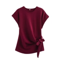 Camiseta granate de manga corta para mujer con detalle de nudo lateral en punto suave - S / Tops / Burdeos