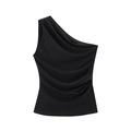 Detail of black one-shoulder asymmetric top with draped ruched fabric and slim fit design - XS / Black Top