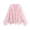 Close-up of pink V-neck chiffon blouse featuring layered ruffles and lantern sleeves - XS / Pink
